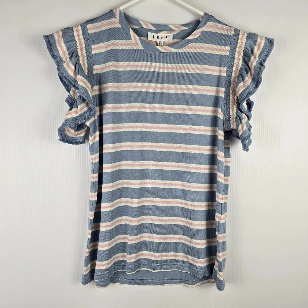 NWT THML Blue Pink And White Striped Ruffle Cap Sleeve Scoop Neck Top Size XS